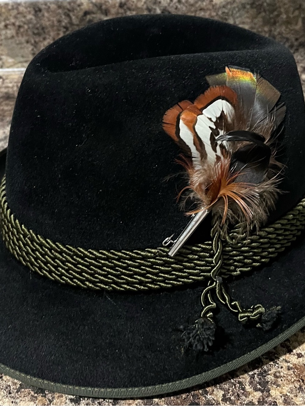 Austria Men's Black Velour Fedora with Olive Braided Band and Feather Pin